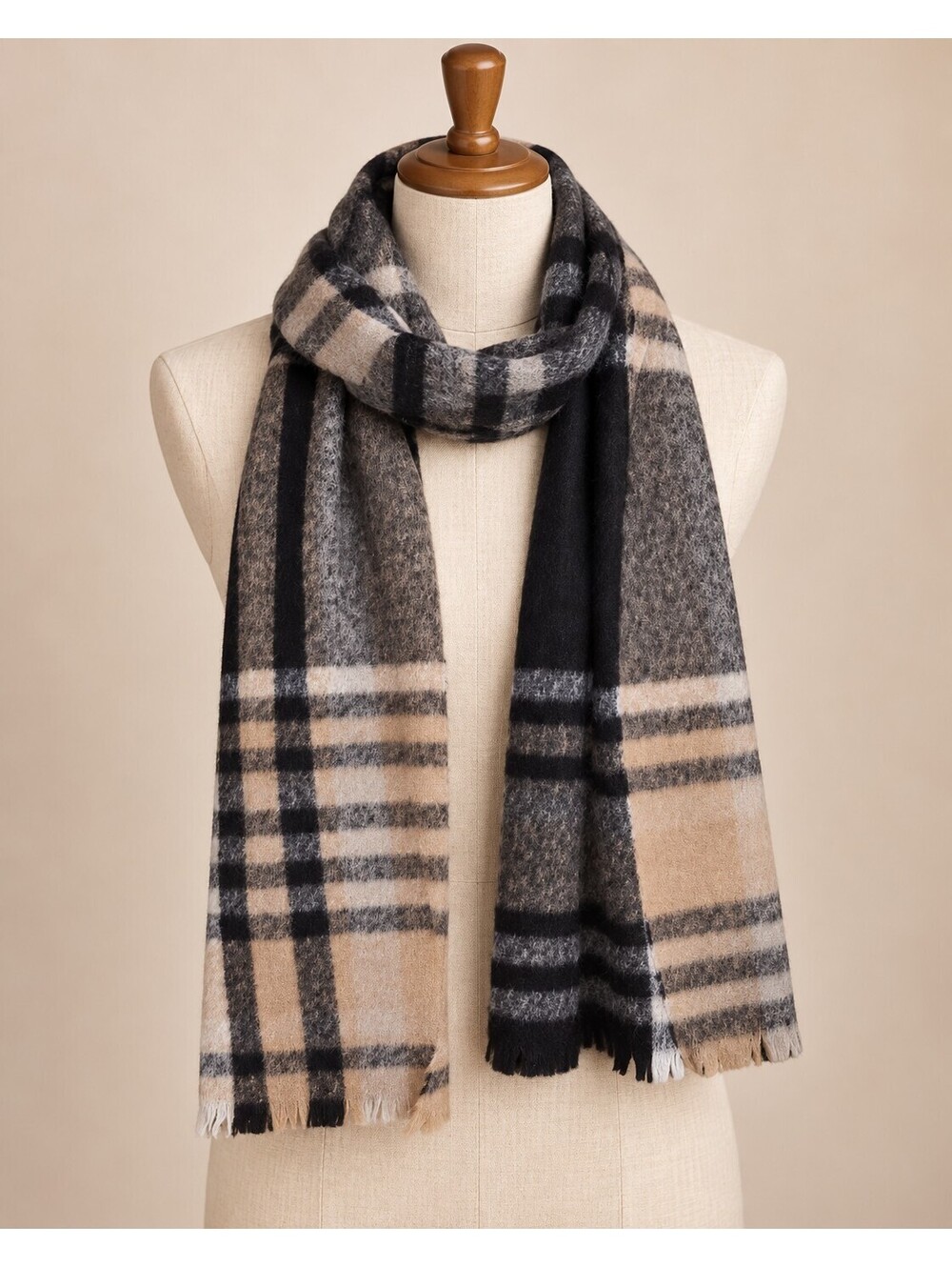 Neutral black and tan blanket scarf